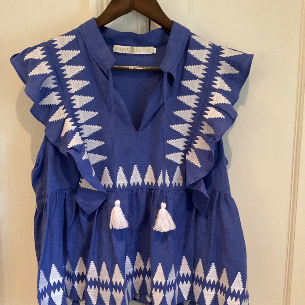 Marie Oliver top, blue with white, medium